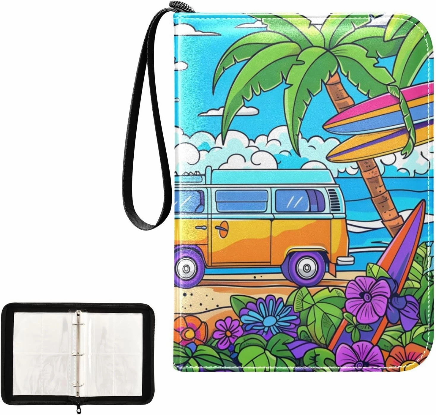 4 Pockets Trading Card Album Holder Book Folder Sports Card Binder Coloring Truck Beach 400 Double Side Pockets for 3 Ring Binder Zipper