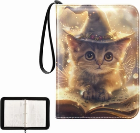 4 Pockets Trading Card Album Holder Book Folder Sports Card Binder Cute Cat Reading 400 Double Side Pockets for 3 Ring Binder Zipper