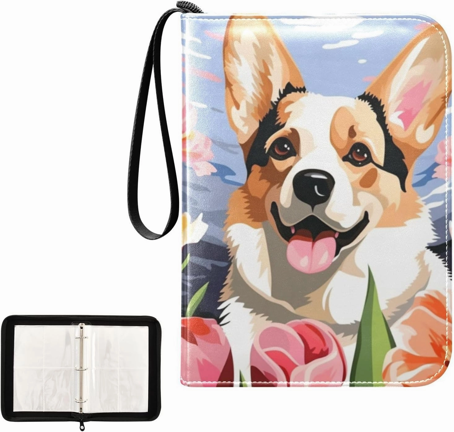 4 Pockets Trading Card Album Holder Book Folder Sports Card Binder Dog and Flowers 400 Double Side Pockets for 3 Ring Binder Zipper