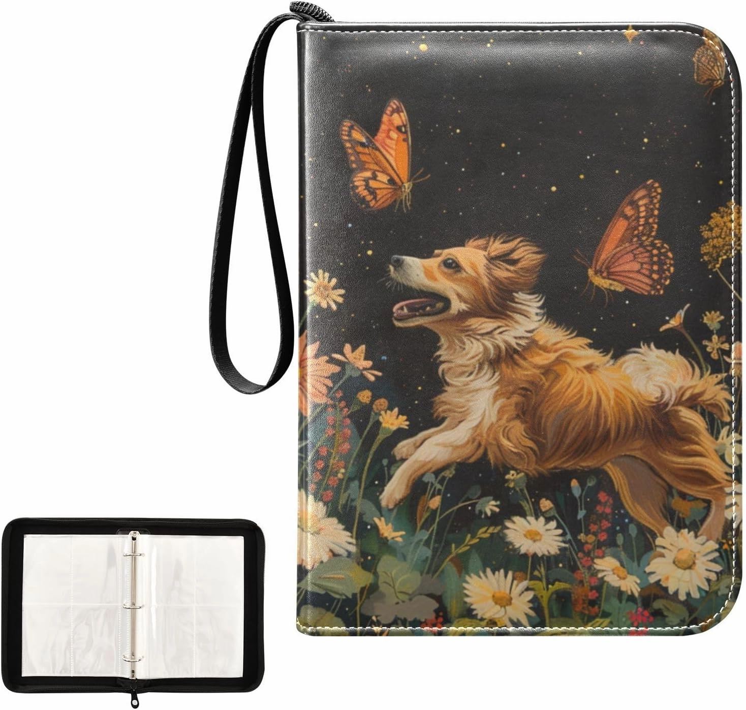 4 Pockets Trading Card Album Holder Book Folder Sports Card Binder Dog Butterfly 400 Double Side Pockets for 3 Ring Binder Zipper
