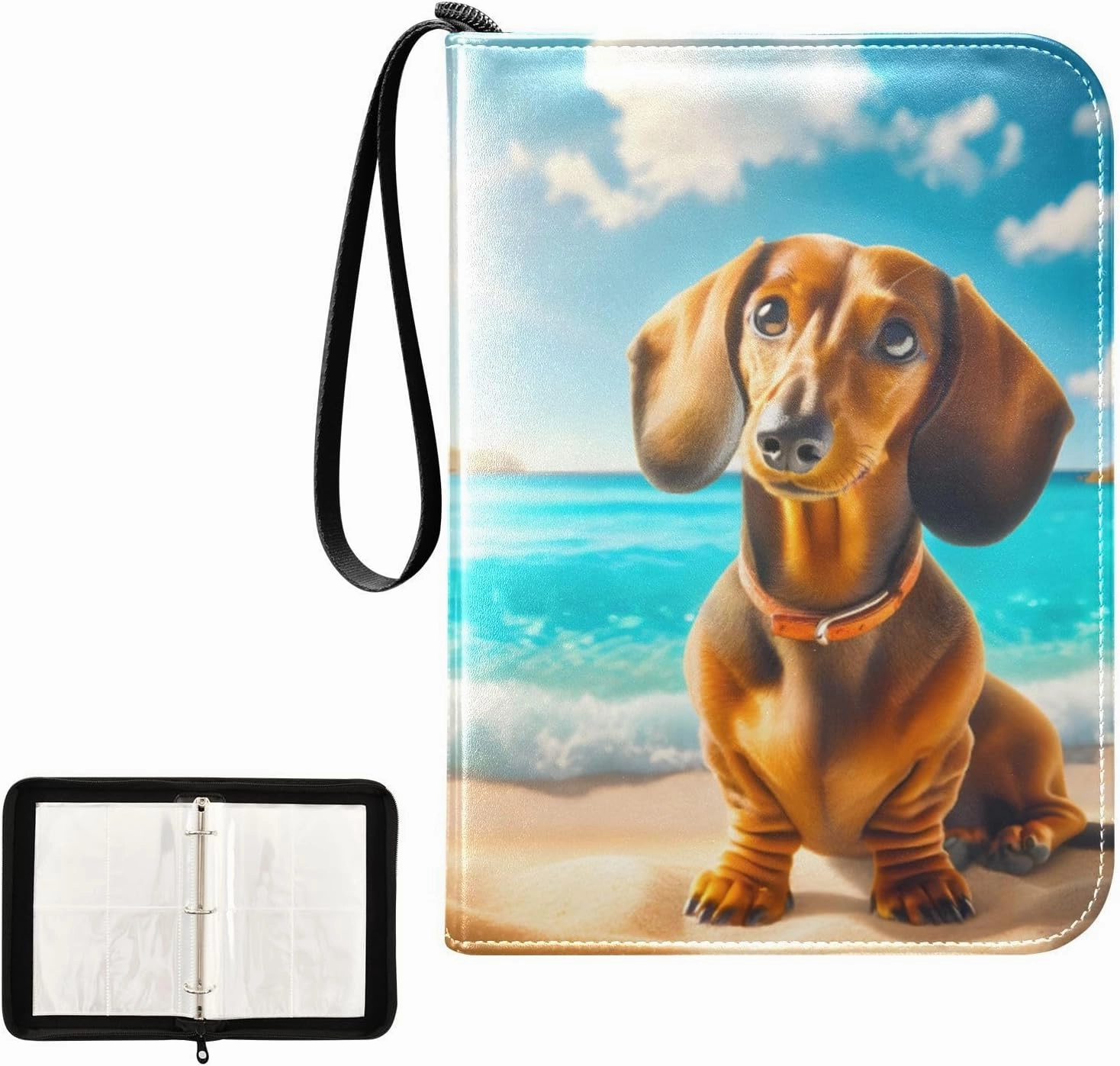 4 Pockets Trading Card Album Holder Book Folder Sports Card Binder Dog on Beach 400 Double Side Pockets for 3 Ring Binder Zipper