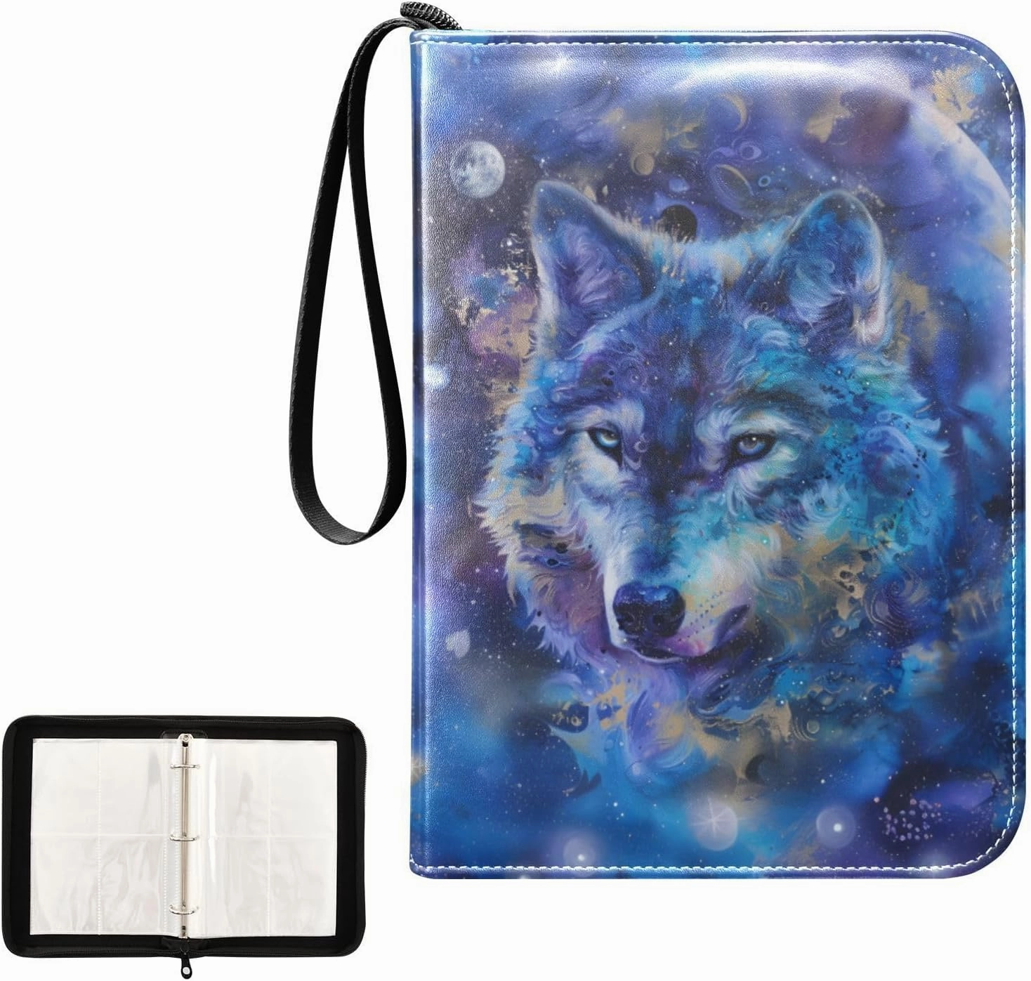 4 Pockets Trading Card Album Holder Book Folder Sports Card Binder Galaxy Wolf Blue 400 Double Side Pockets for 3 Ring Binder Zipper