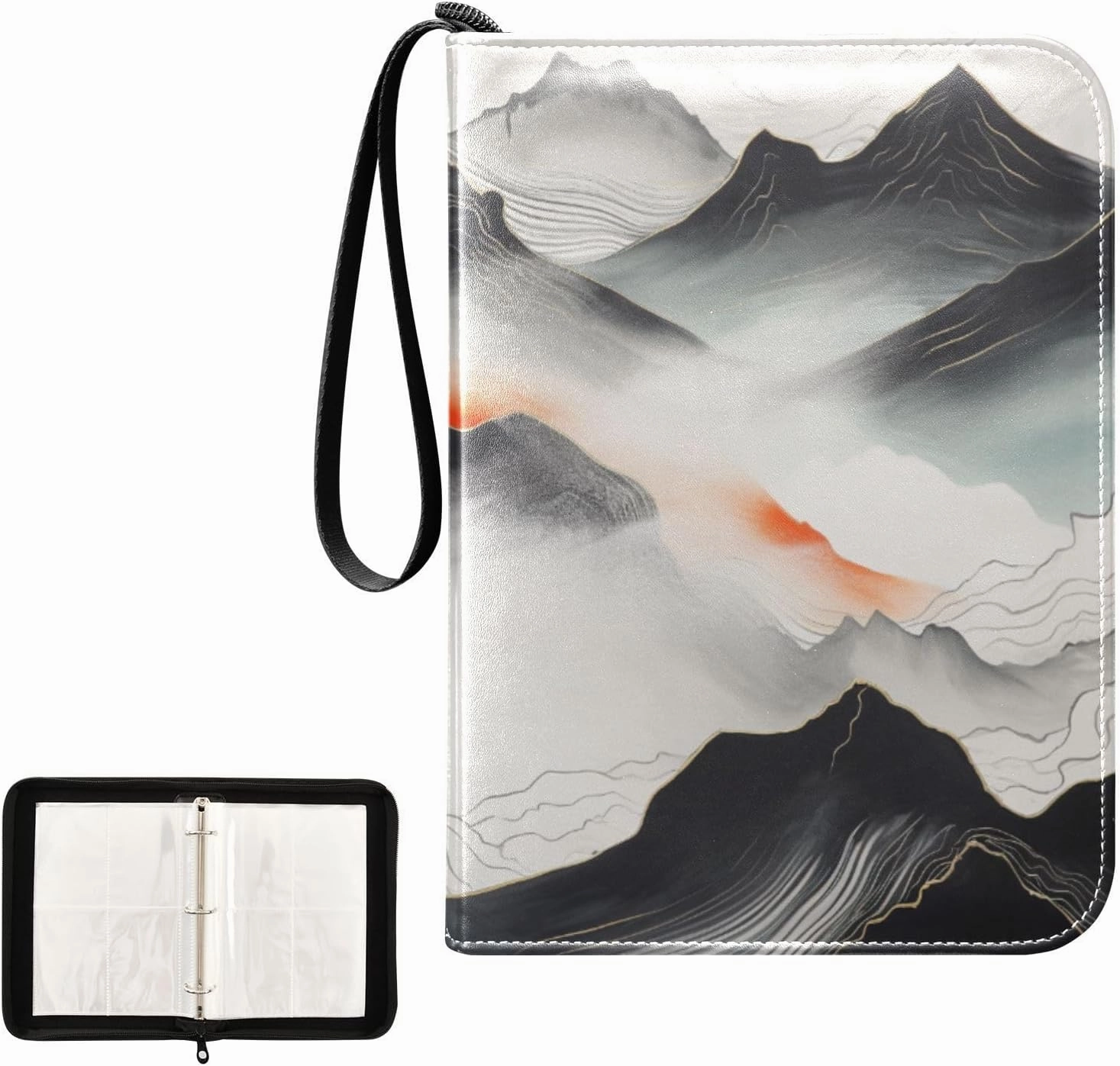 4 Pockets Trading Card Album Holder Book Folder Sports Card Binder Japanese Moutain 400 Double Side Pockets for 3 Ring Binder Zipper