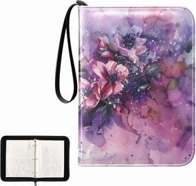 4 Pockets Trading Card Album Holder Book Folder Sports Card Binder Lilac Flower Painting 400 Double Side Pockets for 3 Ring Binder Zipper