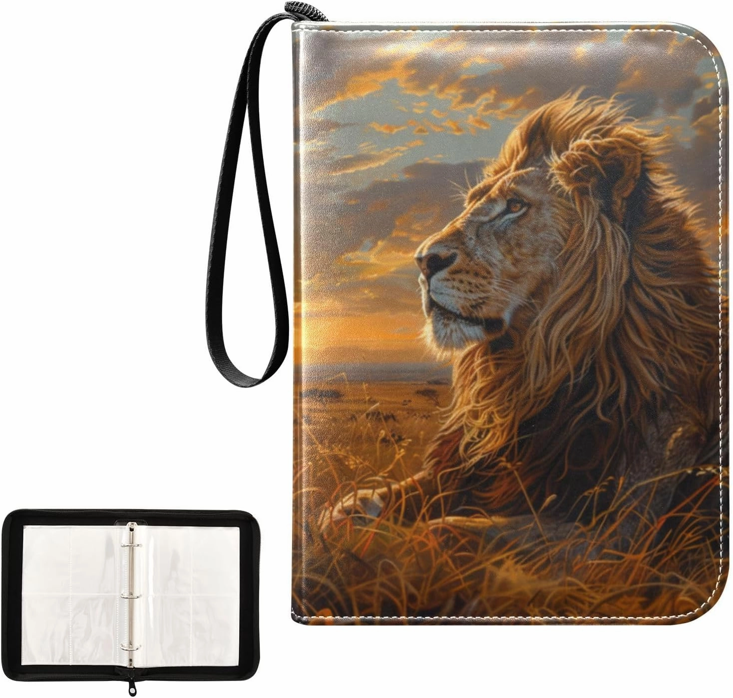 4 Pockets Trading Card Album Holder Book Folder Sports Card Binder Lion Sunset 400 Double Side Pockets for 3 Ring Binder Zipper