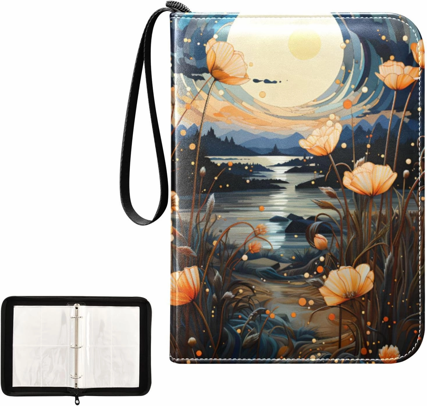 4 Pockets Trading Card Album Holder Book Folder Sports Card Binder Moon Flower 400 Double Side Pockets for 3 Ring Binder Zipper