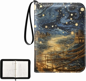 4 Pockets Trading Card Album Holder Book Folder Sports Card Binder Nocturne Night Piece Night Scene 400 Double Side Pockets for 3 Ring Binder Zipper