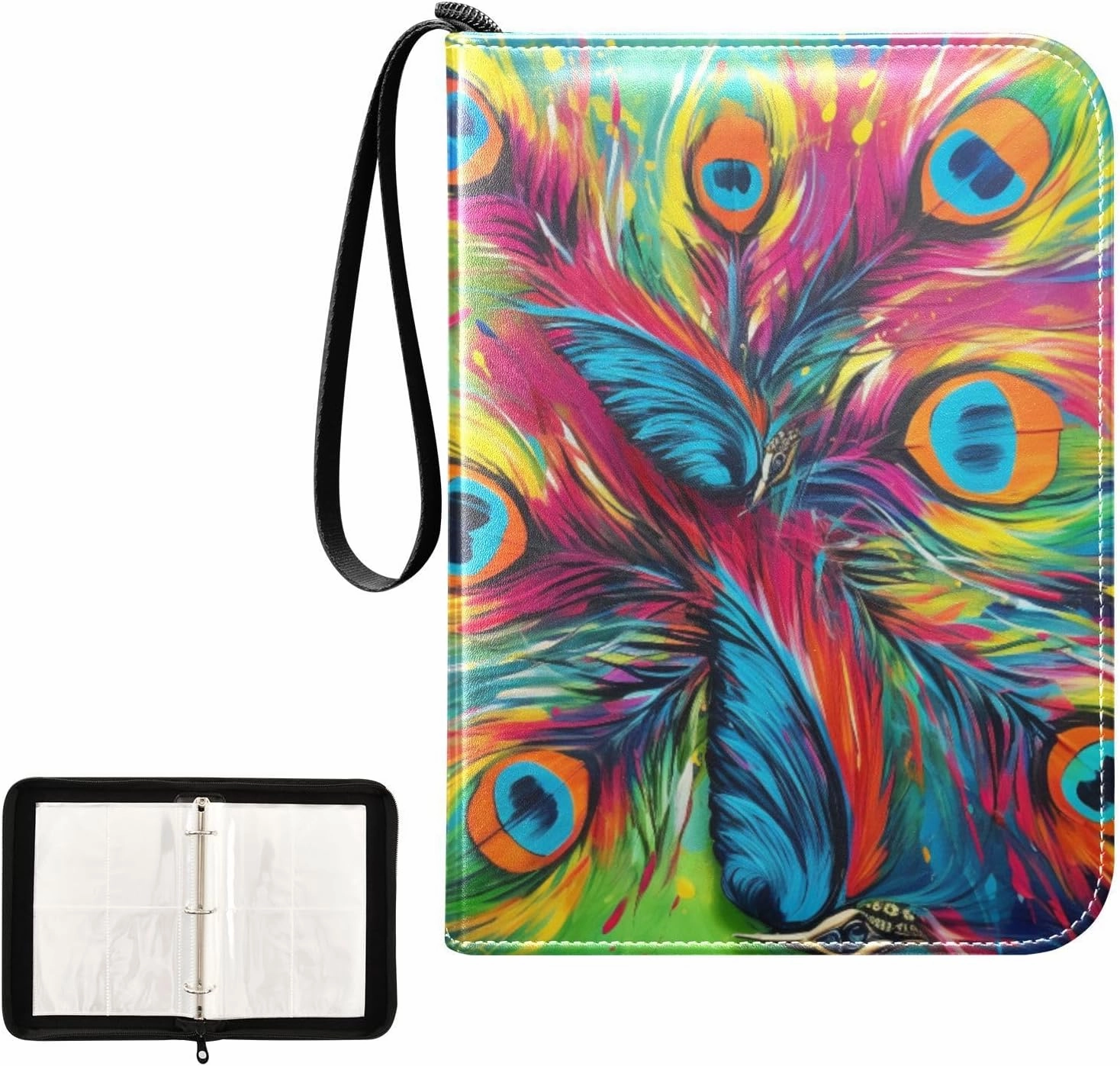 4 Pockets Trading Card Album Holder Book Folder Sports Card Binder Peacock Feather Oilpainting 400 Double Side Pockets for 3 Ring Binder Zipper