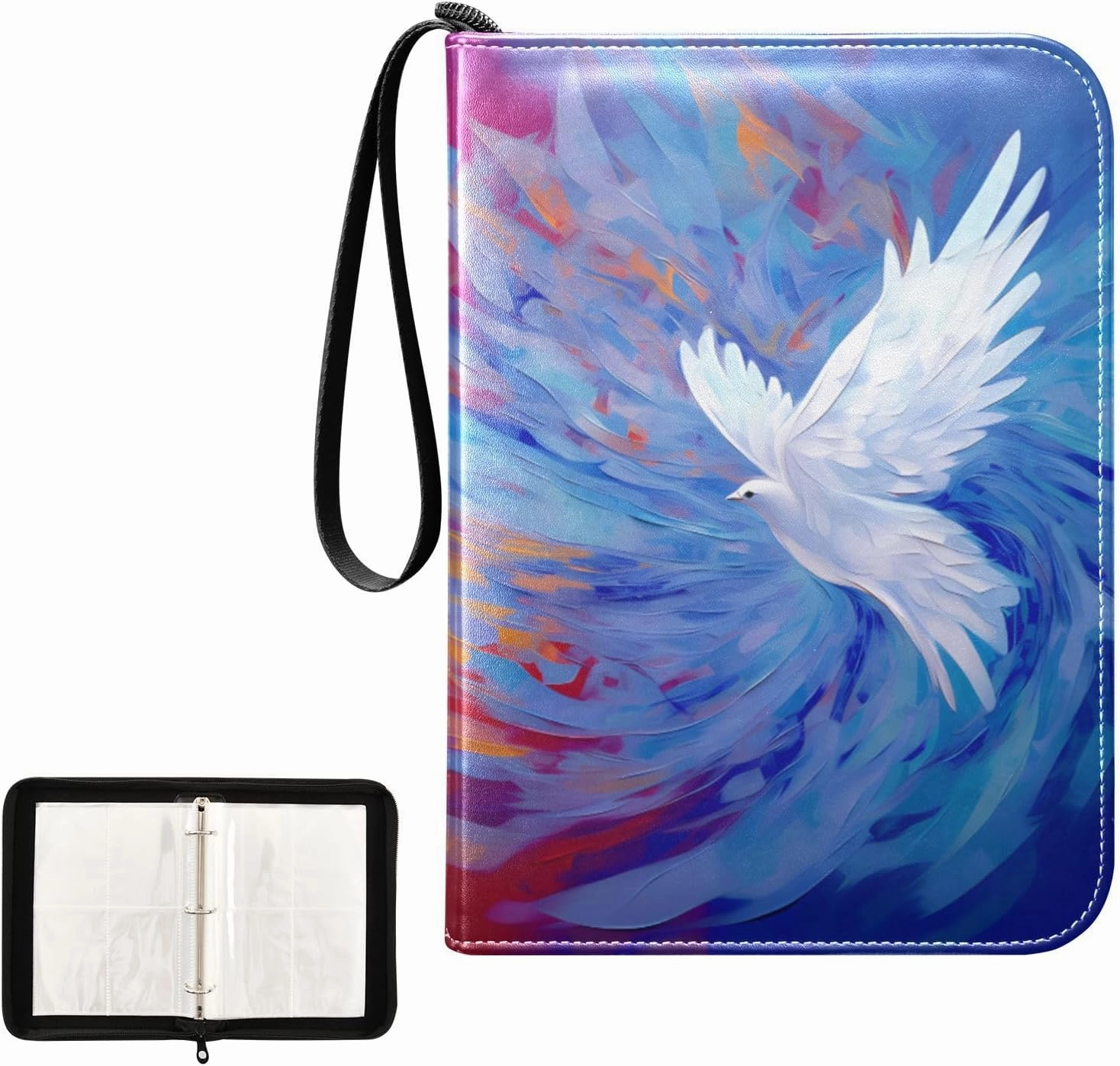 4 Pockets Trading Card Album Holder Book Folder Sports Card Binder Pigeon Peace 400 Double Side Pockets for 3 Ring Binder Zipper