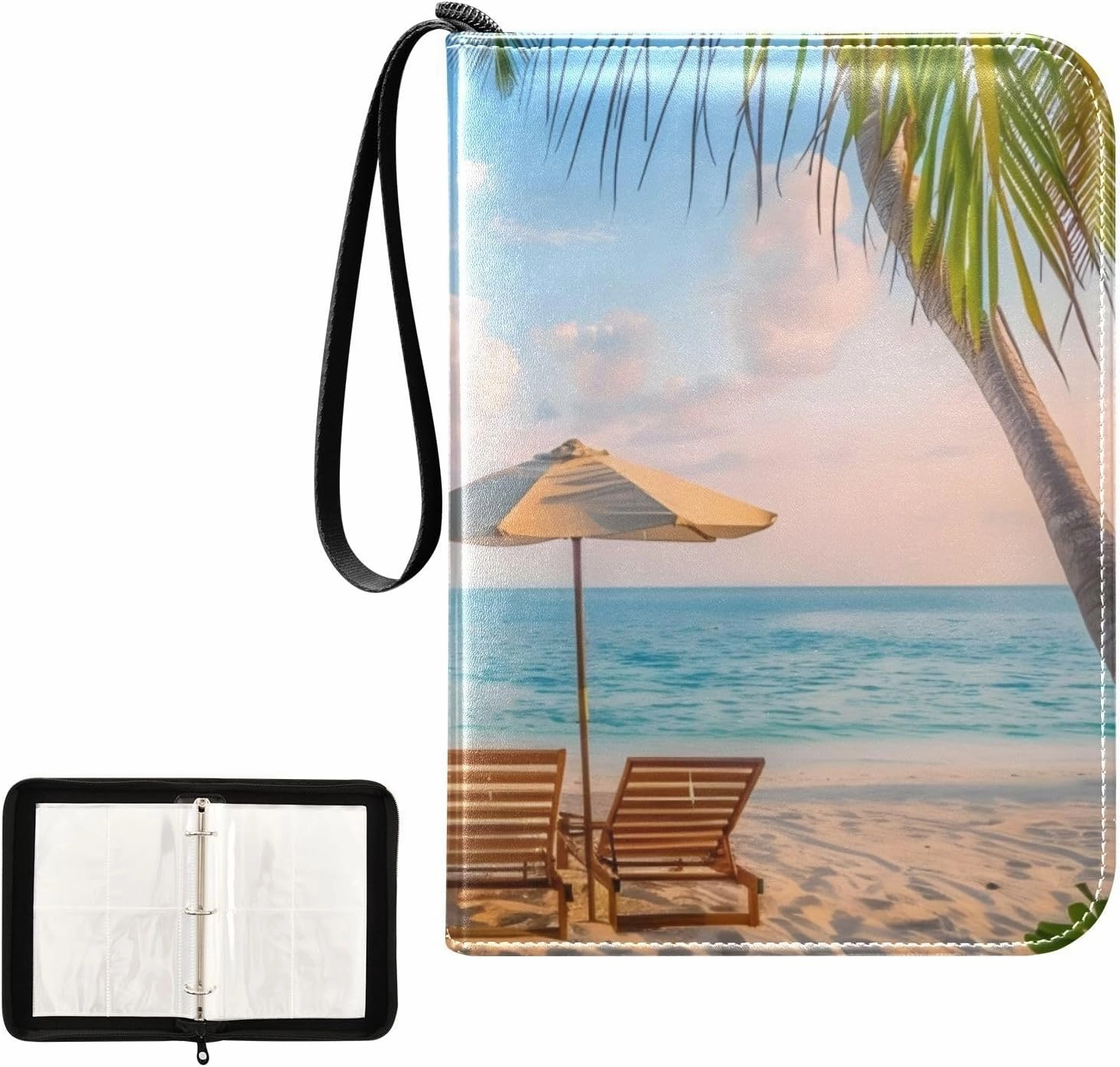 4 Pockets Trading Card Album Holder Book Folder Sports Card Binder Sand Beach 400 Double Side Pockets for 3 Ring Binder Zipper