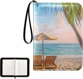 4 Pockets Trading Card Album Holder Book Folder Sports Card Binder Sand Beach 400 Double Side Pockets for 3 Ring Binder Zipper