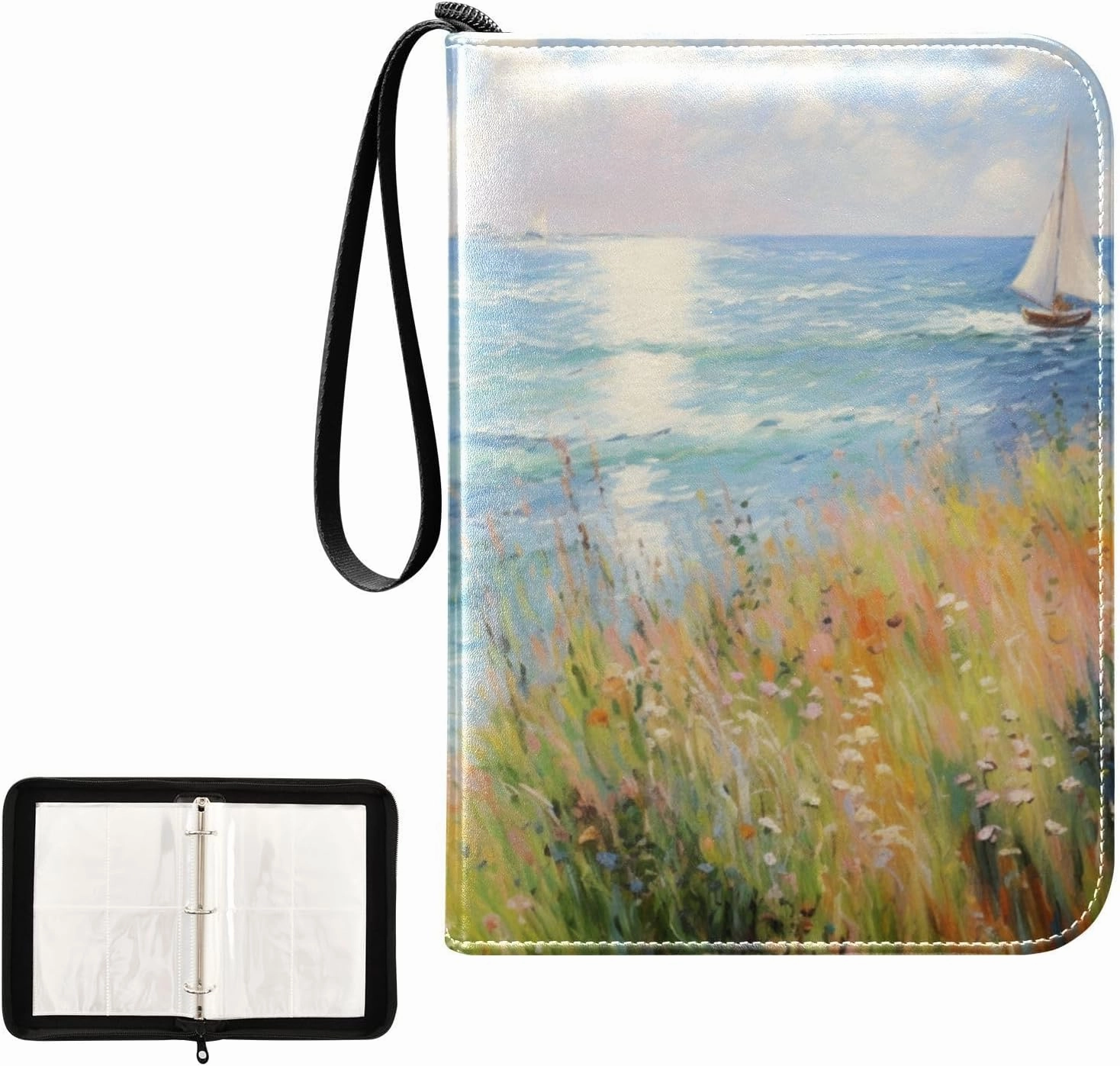 4 Pockets Trading Card Album Holder Book Folder Sports Card Binder Sea Sailboat Painting 400 Double Side Pockets for 3 Ring Binder Zipper