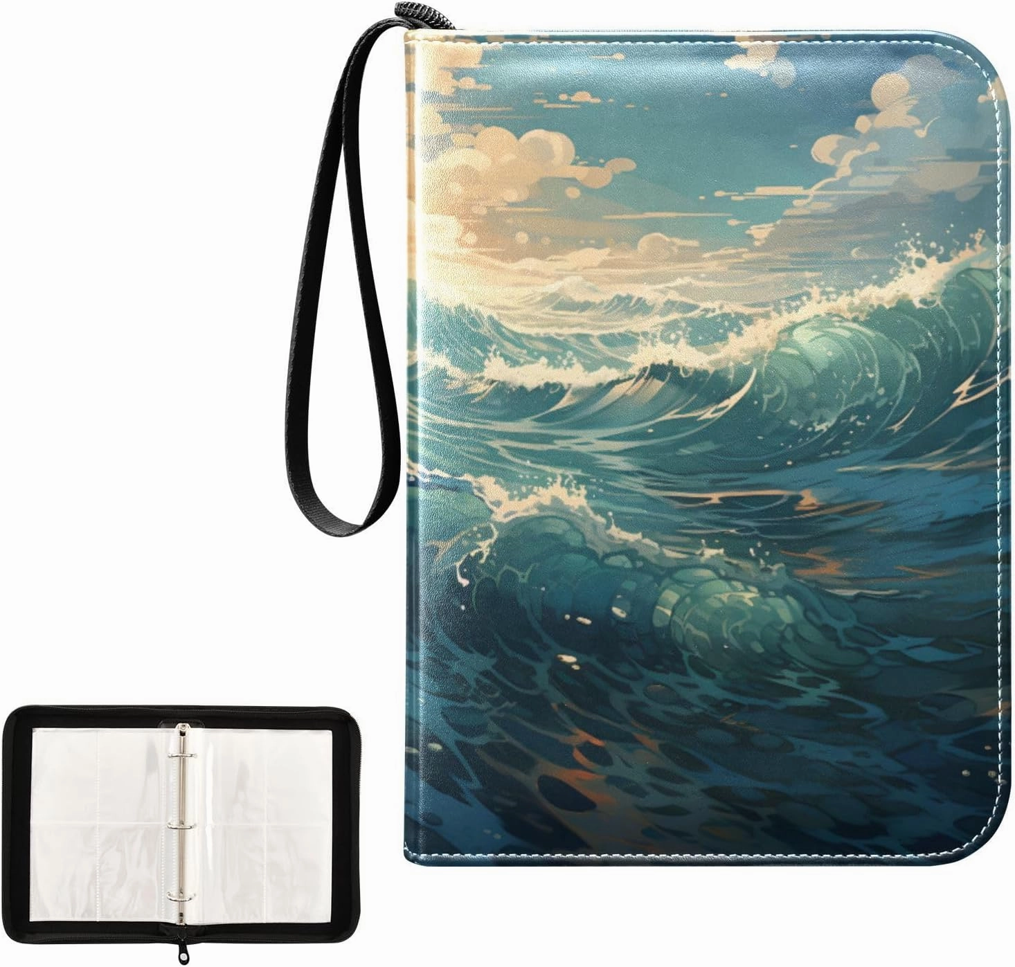 4 Pockets Trading Card Album Holder Book Folder Sports Card Binder Sea Wave 4 400 Double Side Pockets for 3 Ring Binder Zipper