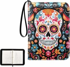 4 Pockets Trading Card Album Holder Book Folder Sports Card Binder Skull Floral Mexican 400 Double Side Pockets for 3 Ring Binder Zipper