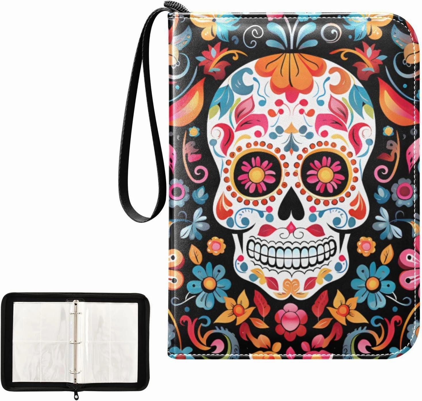4 Pockets Trading Card Album Holder Book Folder Sports Card Binder Skull Floral Mexican 400 Double Side Pockets for 3 Ring Binder Zipper