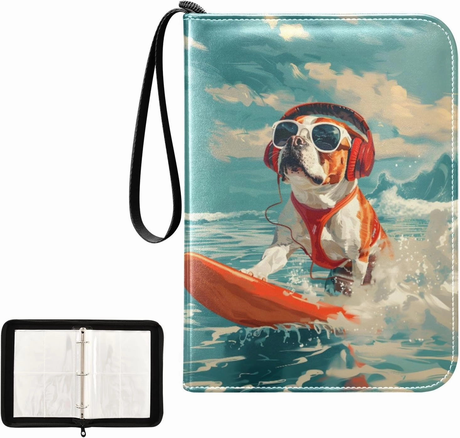 4 Pockets Trading Card Album Holder Book Folder Sports Card Binder Surfing Dog 400 Double Side Pockets for 3 Ring Binder Zipper