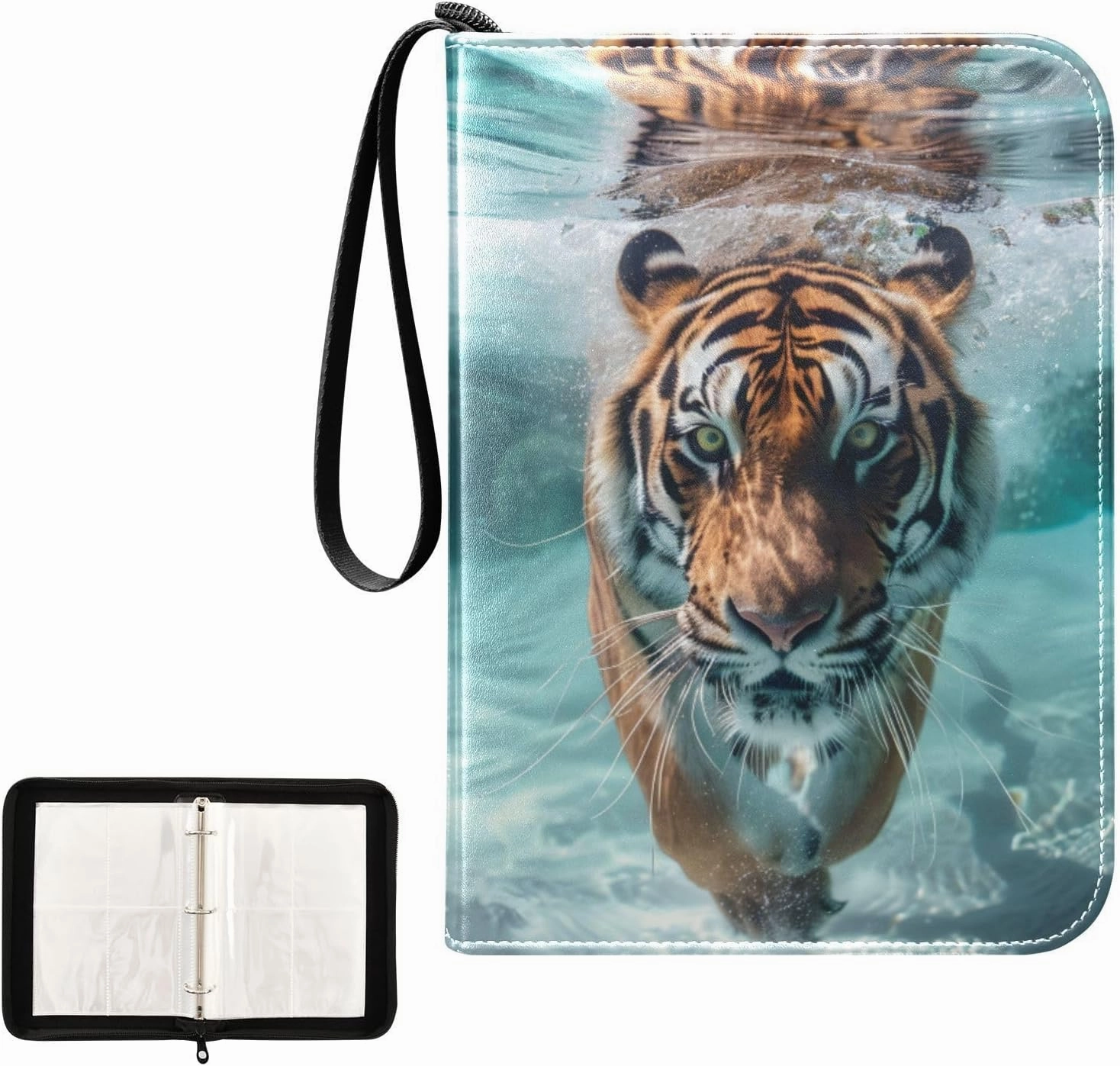 4 Pockets Trading Card Album Holder Book Folder Sports Card Binder Tiger Swimming 400 Double Side Pockets for 3 Ring Binder Zipper