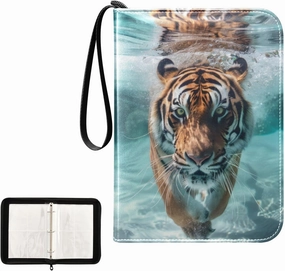 4 Pockets Trading Card Album Holder Book Folder Sports Card Binder Tiger Swimming 400 Double Side Pockets for 3 Ring Binder Zipper