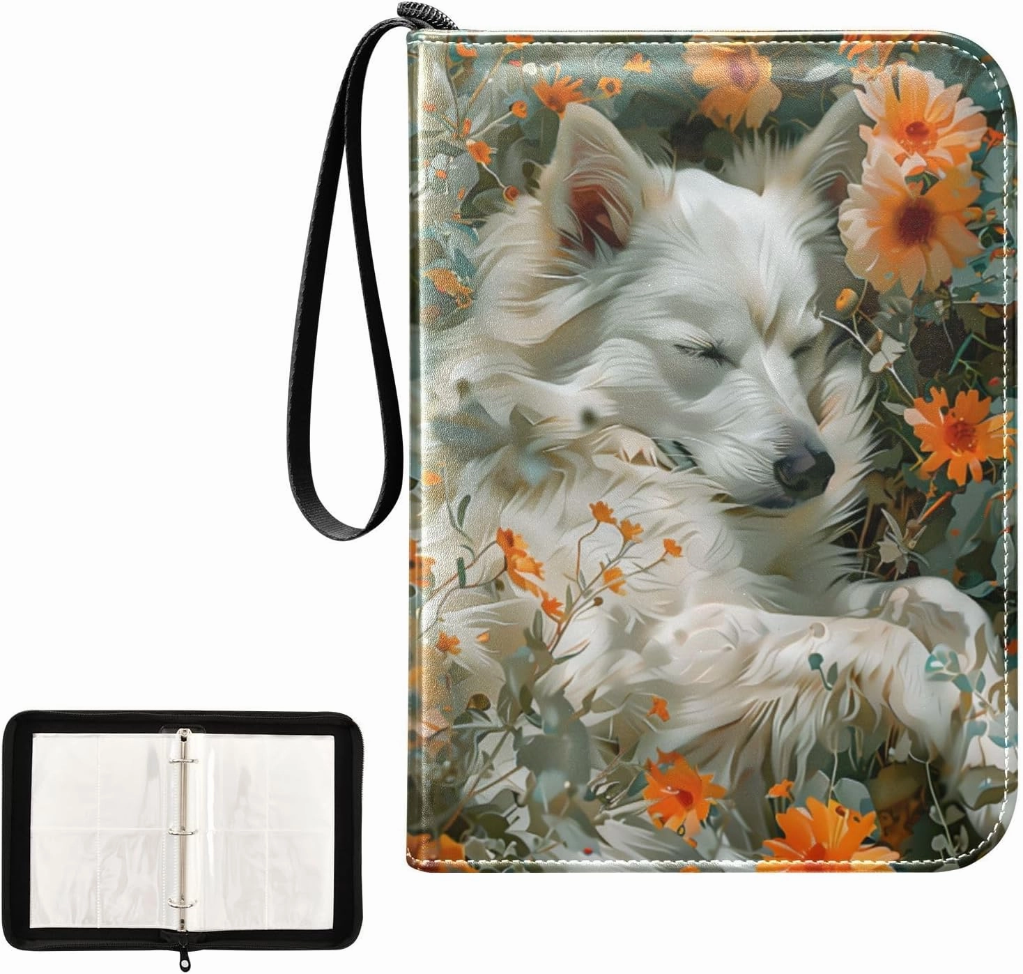 4 Pockets Trading Card Album Holder Book Folder Sports Card Binder White Dog Flowers 400 Double Side Pockets for 3 Ring Binder Zipper