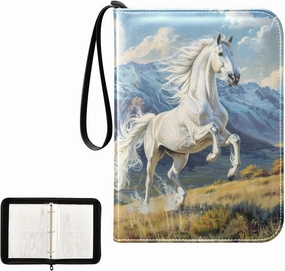 4 Pockets Trading Card Album Holder Book Folder Sports Card Binder White Horse Rears Up 400 Double Side Pockets for 3 Ring Binder Zipper