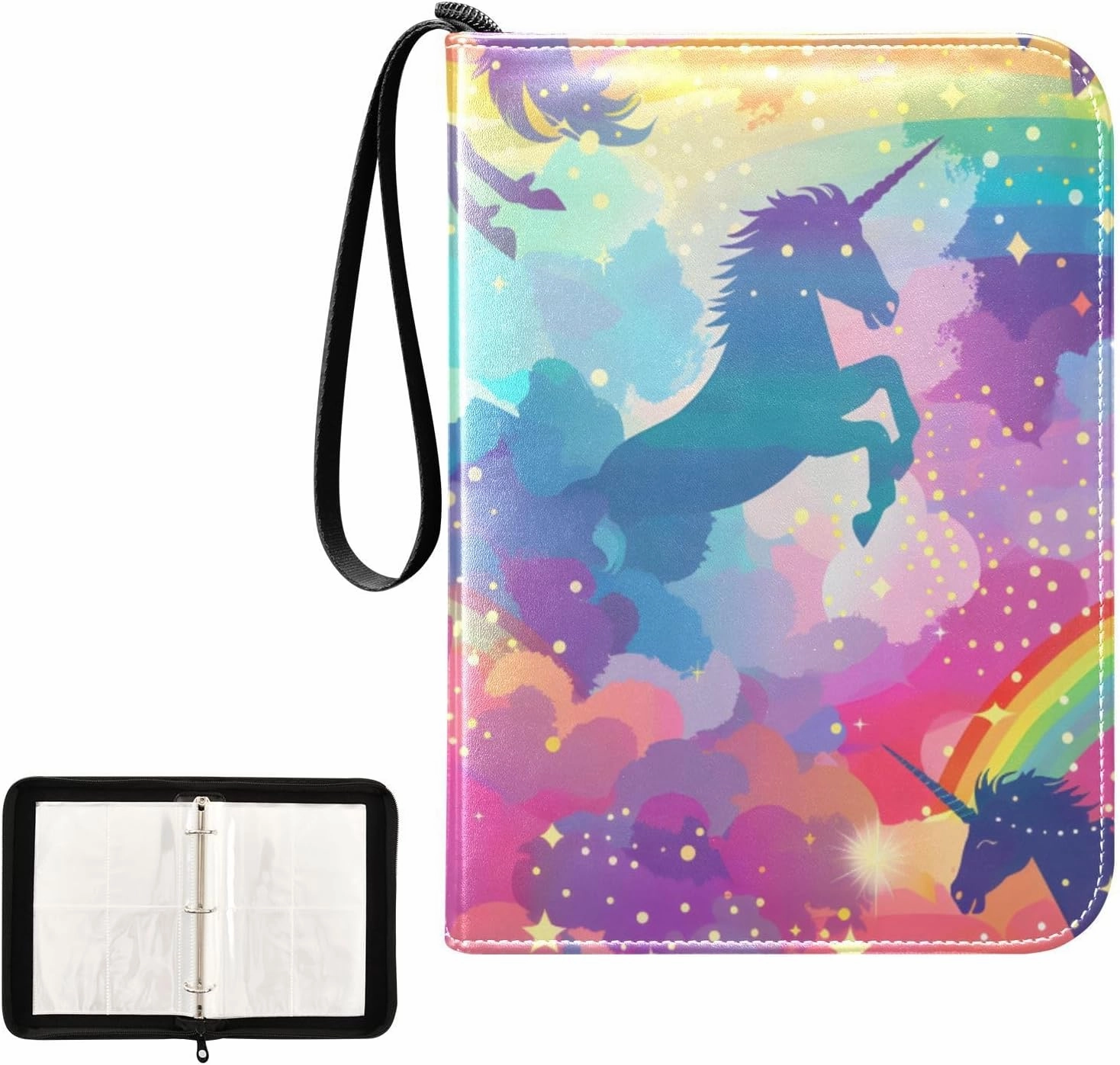4 Pockets Trading Card Album Holder Book Folder Sports Card Binder Winged Unicorn 400 Double Side Pockets for 3 Ring Binder Zipper