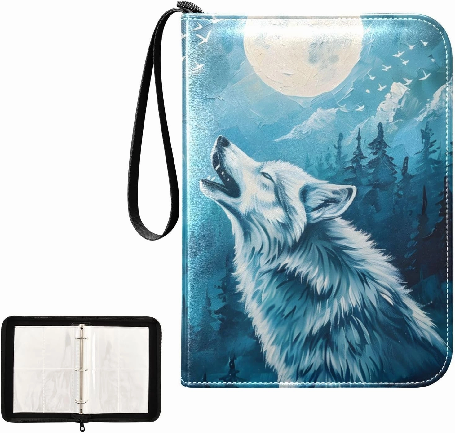 4 Pockets Trading Card Album Holder Book Folder Sports Card Binder Wolf Full Moon 400 Double Side Pockets for 3 Ring Binder Zipper