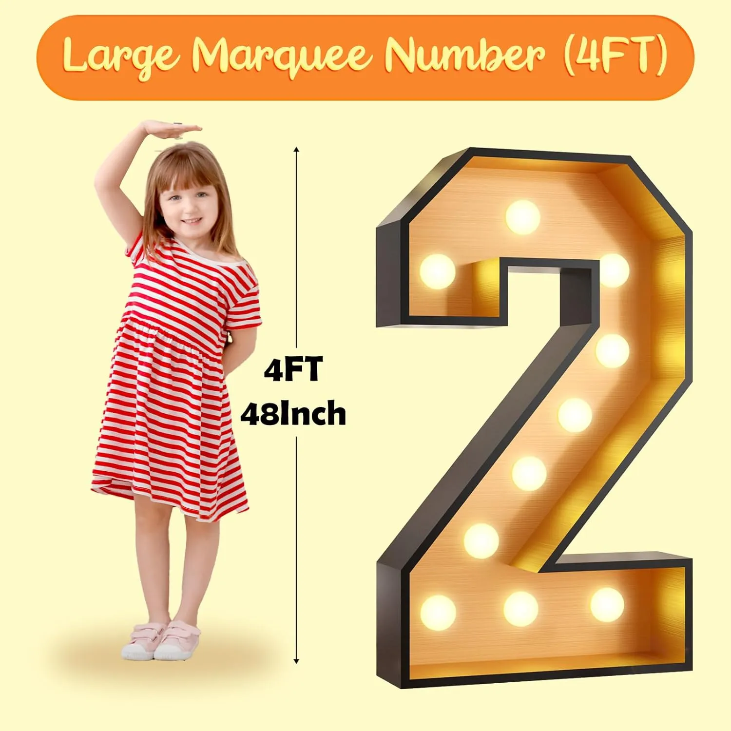 4FT Marquee Light Up 2 Numbers,Black Gold Giant Marquee Mosaic Numbers Marquee Frame Numbers for 2nd Birthday Decorations, Birthday Party,Mosaic Number 2,DIY Frame Pre-Cut Foam Board Kit