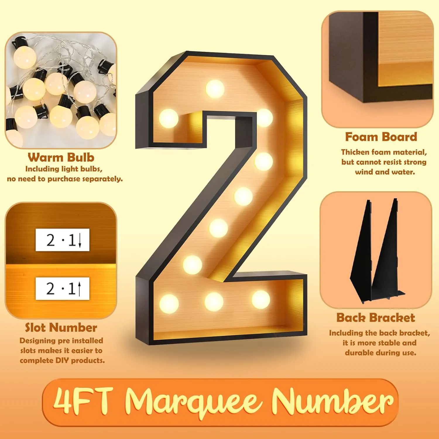 4FT Marquee Light Up 2 Numbers,Black Gold Giant Marquee Mosaic Numbers Marquee Frame Numbers for 2nd Birthday Decorations, Birthday Party,Mosaic Number 2,DIY Frame Pre-Cut Foam Board Kit