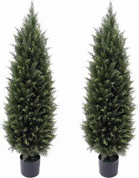 4ft(48”) Artificial Cedar Outdoor Artificial Shrub Sunlight Resistant Leafy Potted Plant for Indoor Porch of Home and Office Artificial Outdoor Tree 2 Pieces a Set Topiary Trees