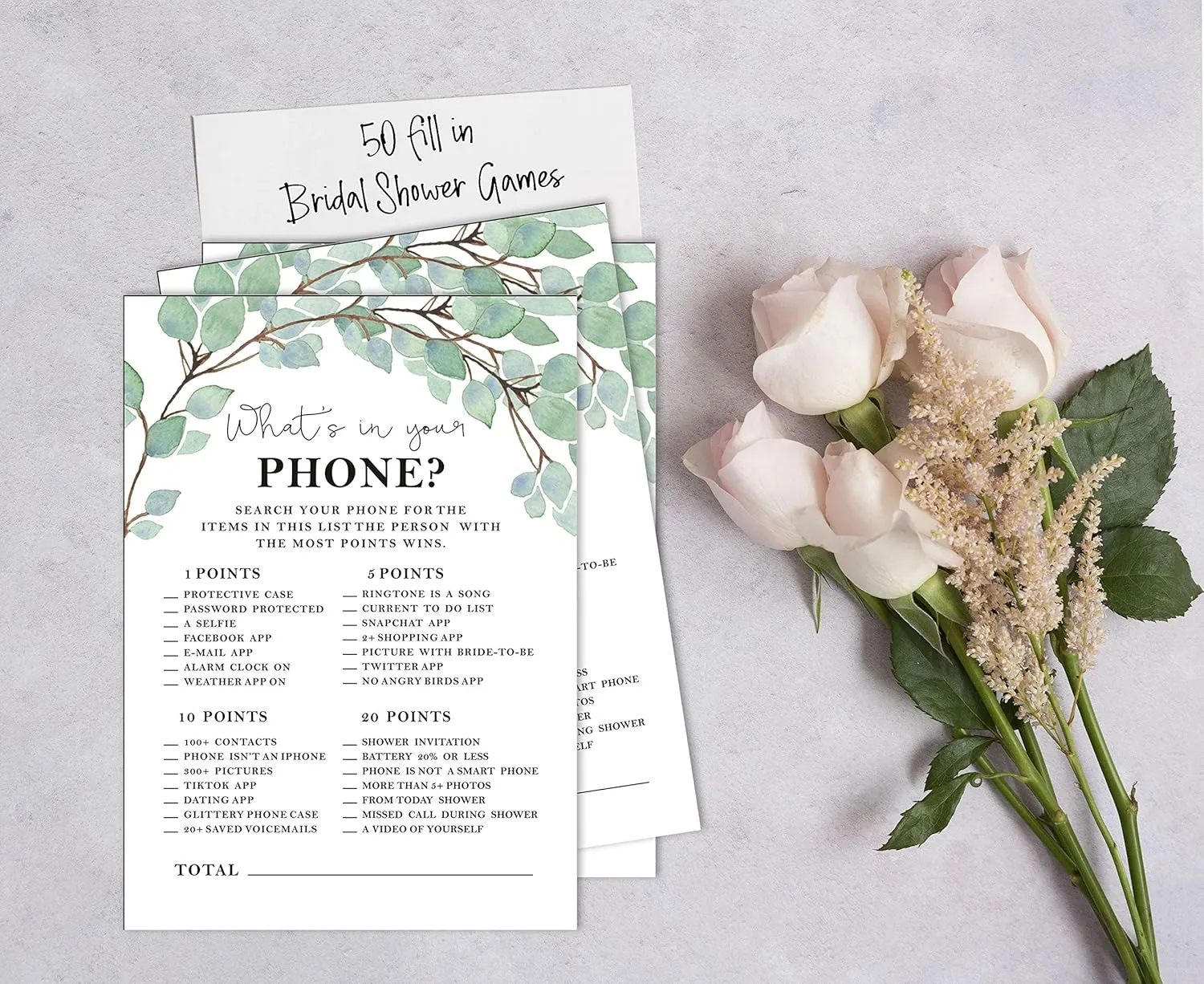 50-Pack Greenery Whats on Your Phone Bridal Shower Game Wedding Shower Bachelorette Party Bulk Activity Game Cards