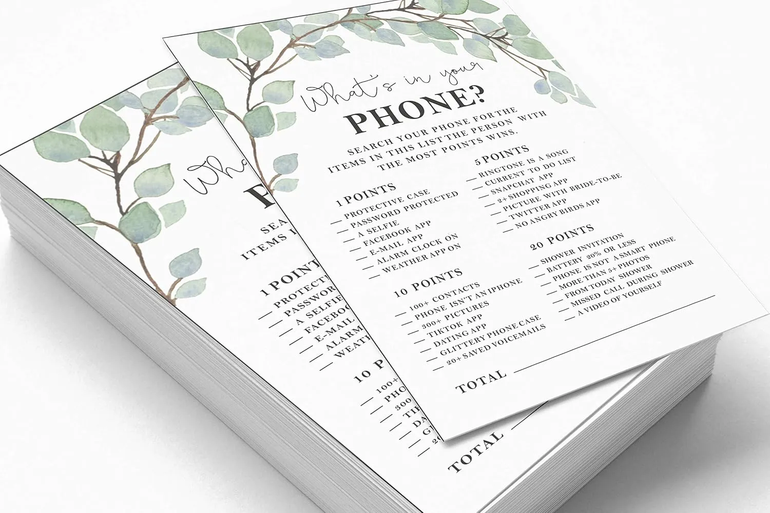 50-Pack Greenery Whats on Your Phone Bridal Shower Game Wedding Shower Bachelorette Party Bulk Activity Game Cards