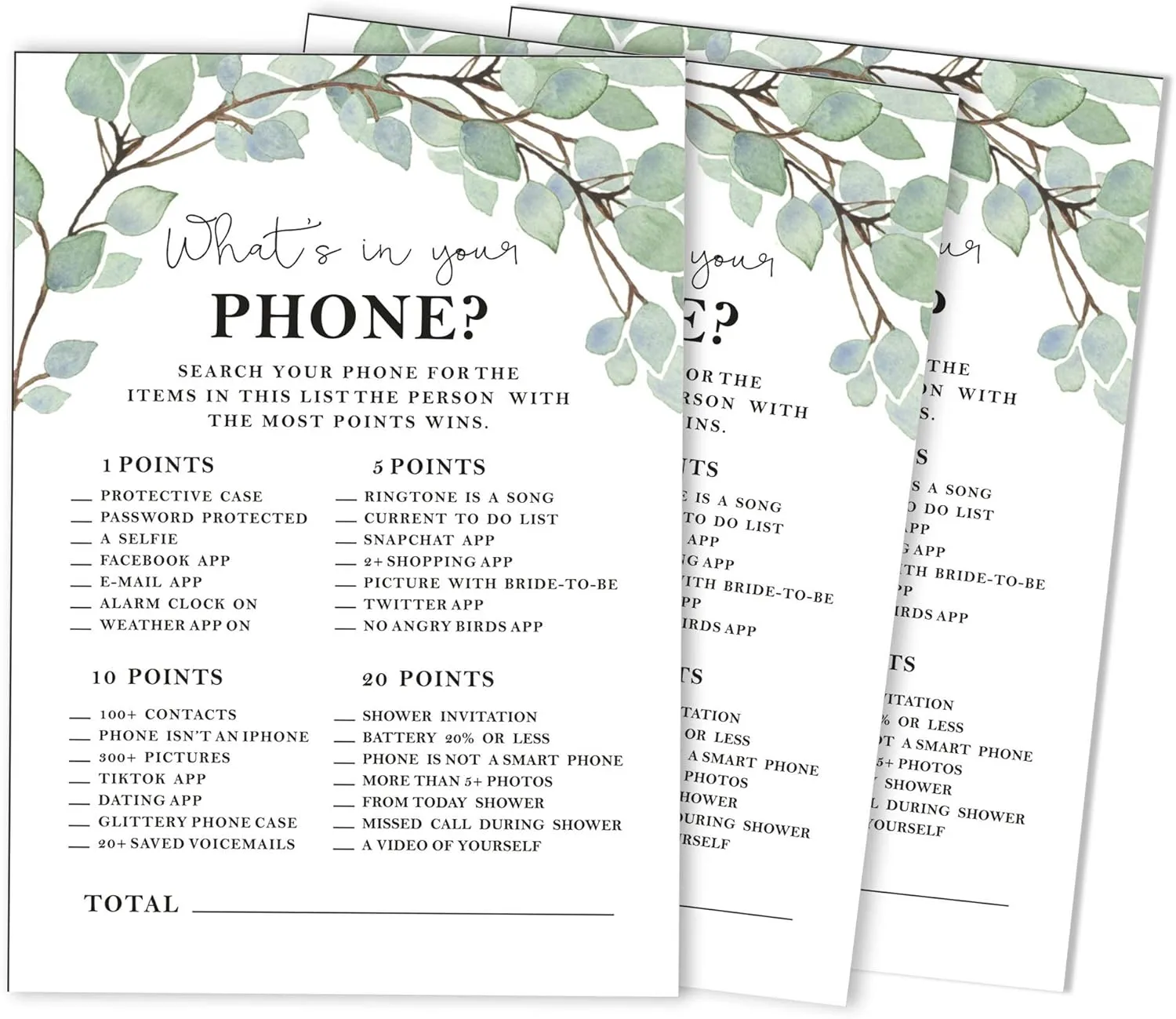 50-Pack Greenery Whats on Your Phone Bridal Shower Game Wedding Shower Bachelorette Party Bulk Activity Game Cards