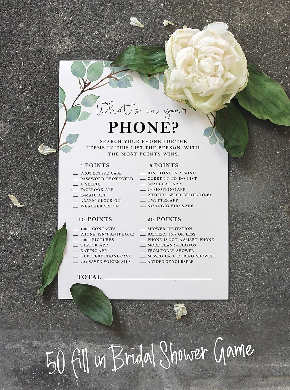 50-Pack Greenery Whats on Your Phone Bridal Shower Game Wedding Shower Bachelorette Party Bulk Activity Game Cards