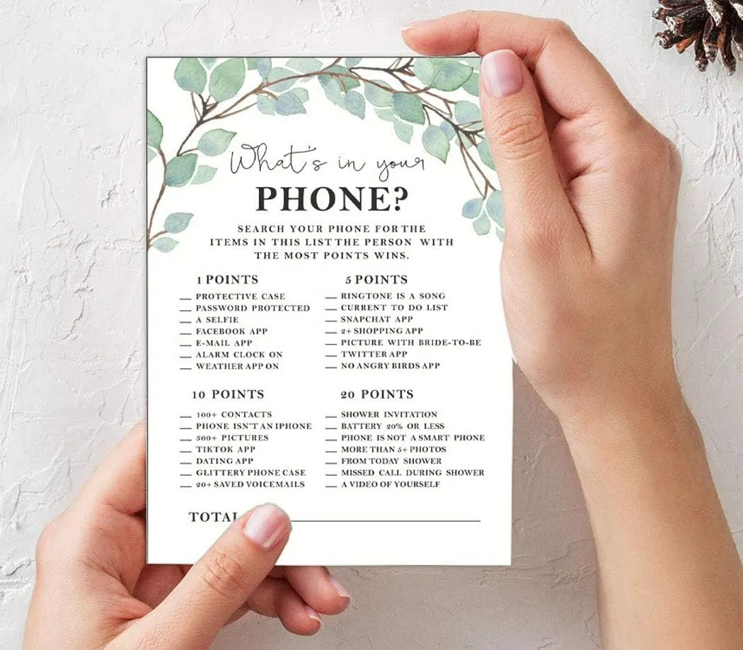 50-Pack Greenery Whats on Your Phone Bridal Shower Game Wedding Shower Bachelorette Party Bulk Activity Game Cards
