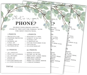 50-Pack Greenery Whats on Your Phone Bridal Shower Game Wedding Shower Bachelorette Party Bulk Activity Game Cards