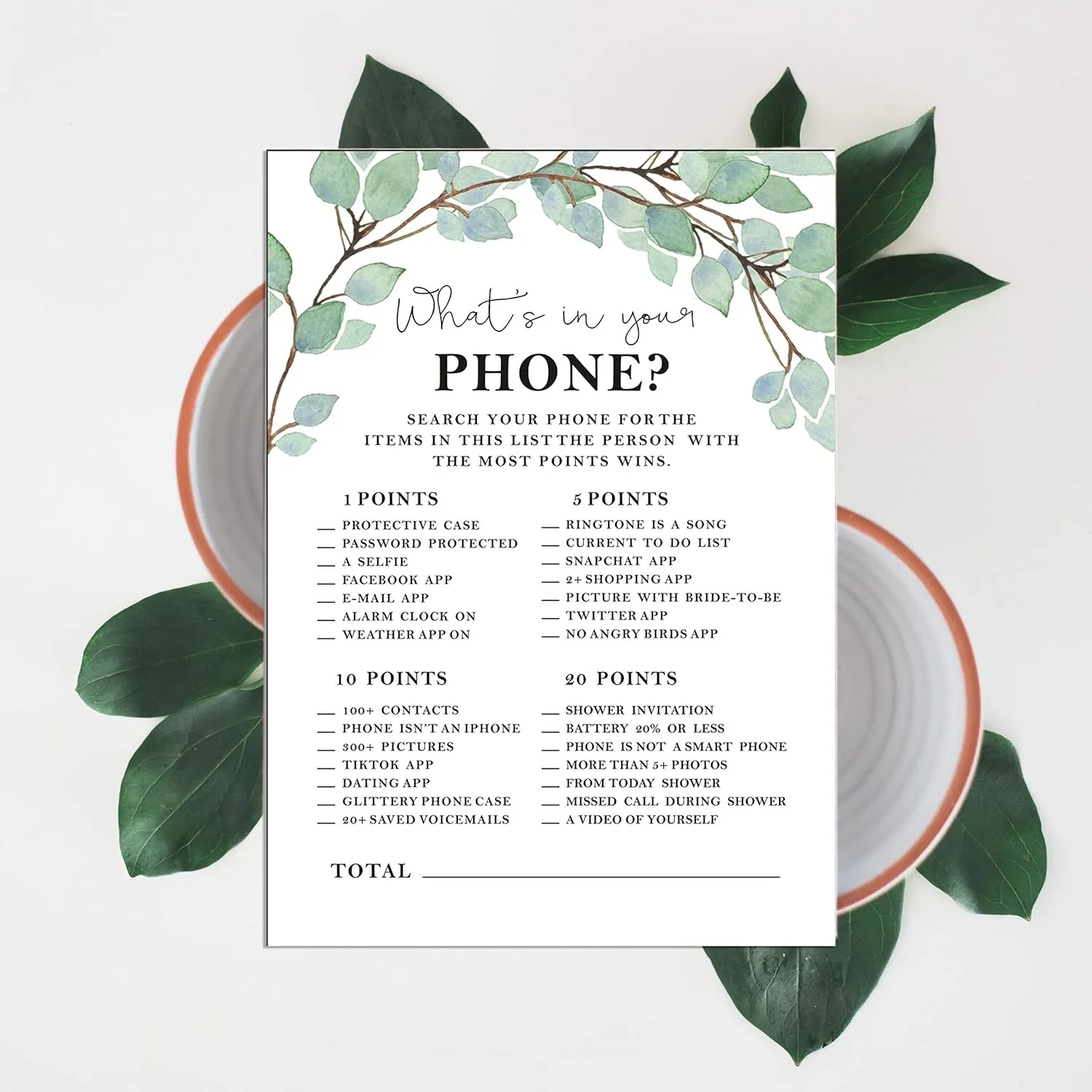 50-Pack Greenery Whats on Your Phone Bridal Shower Game Wedding Shower Bachelorette Party Bulk Activity Game Cards