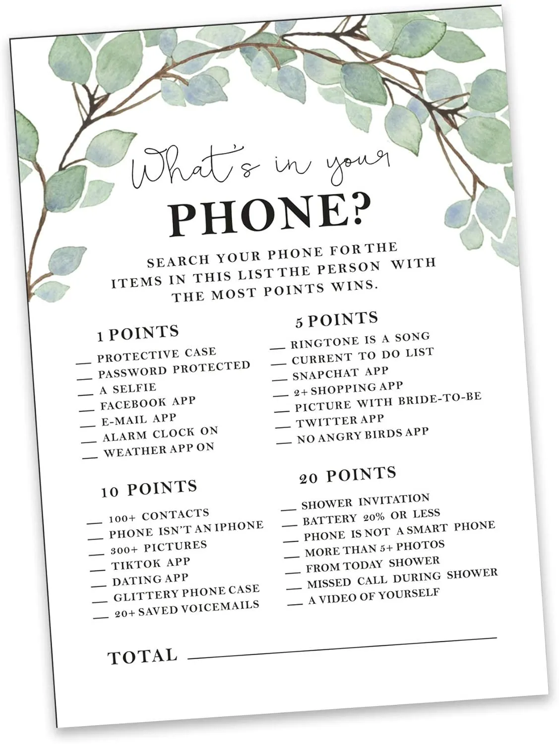 50-Pack Greenery Whats on Your Phone Bridal Shower Game Wedding Shower Bachelorette Party Bulk Activity Game Cards
