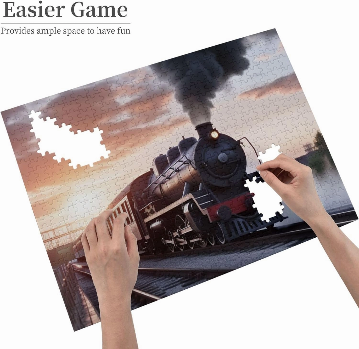 500 Piece Jigsaw Puzzle for Adults Challenging Puzzle for Game Nights Wooden Puzzle Personalized Custom Wood-Puzzles for Family Steam Train Depart Sunset Picture Puzzles Finished Size 20.4"x15"