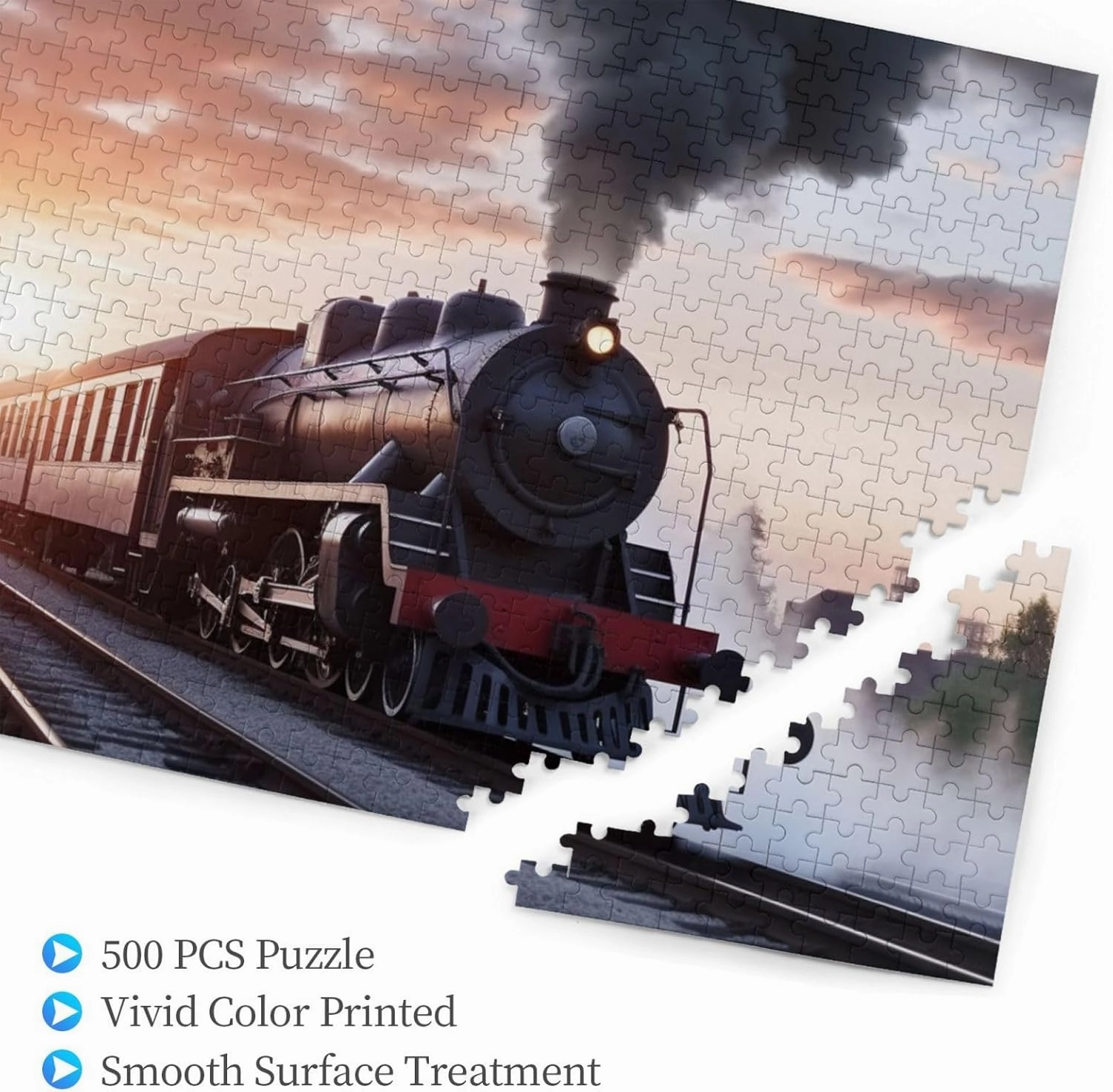 500 Piece Jigsaw Puzzle for Adults Challenging Puzzle for Game Nights Wooden Puzzle Personalized Custom Wood-Puzzles for Family Steam Train Depart Sunset Picture Puzzles Finished Size 20.4"x15"