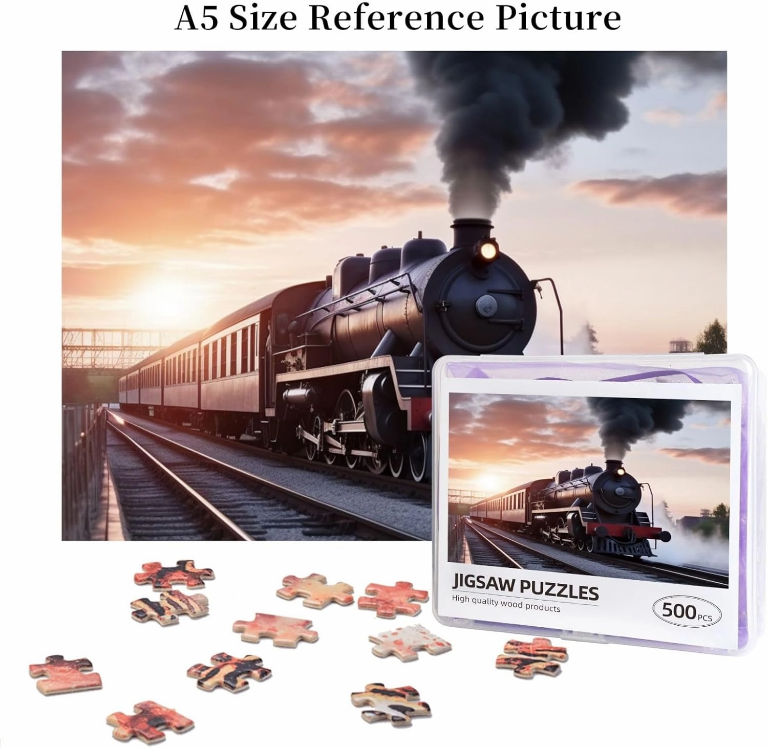 500 Piece Jigsaw Puzzle for Adults Challenging Puzzle for Game Nights Wooden Puzzle Personalized Custom Wood-Puzzles for Family Steam Train Depart Sunset Picture Puzzles Finished Size 20.4"x15"