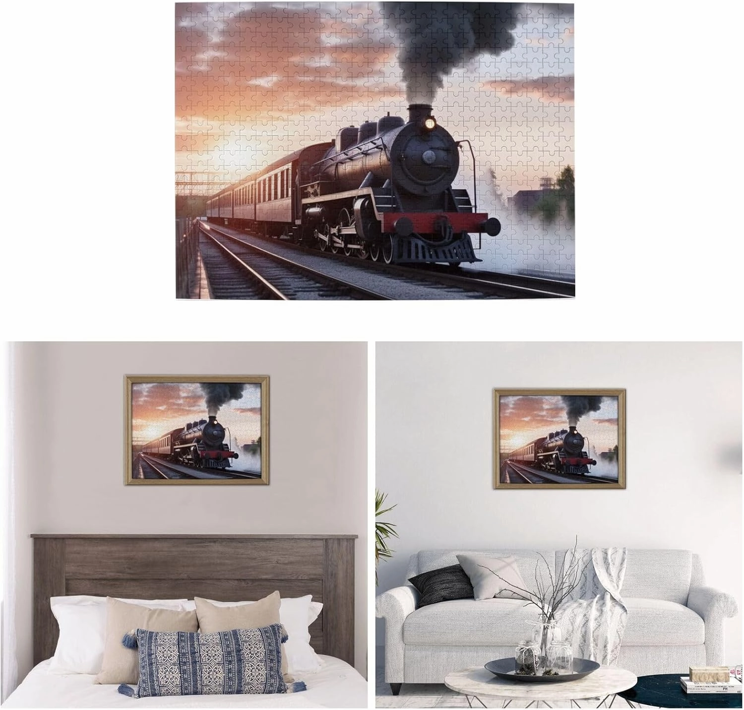 500 Piece Jigsaw Puzzle for Adults Challenging Puzzle for Game Nights Wooden Puzzle Personalized Custom Wood-Puzzles for Family Steam Train Depart Sunset Picture Puzzles Finished Size 20.4"x15"