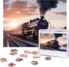 500 Piece Jigsaw Puzzle for Adults Challenging Puzzle for Game Nights Wooden Puzzle Personalized Custom Wood-Puzzles for Family Steam Train Depart Sunset Picture Puzzles Finished Size 20.4"x15"