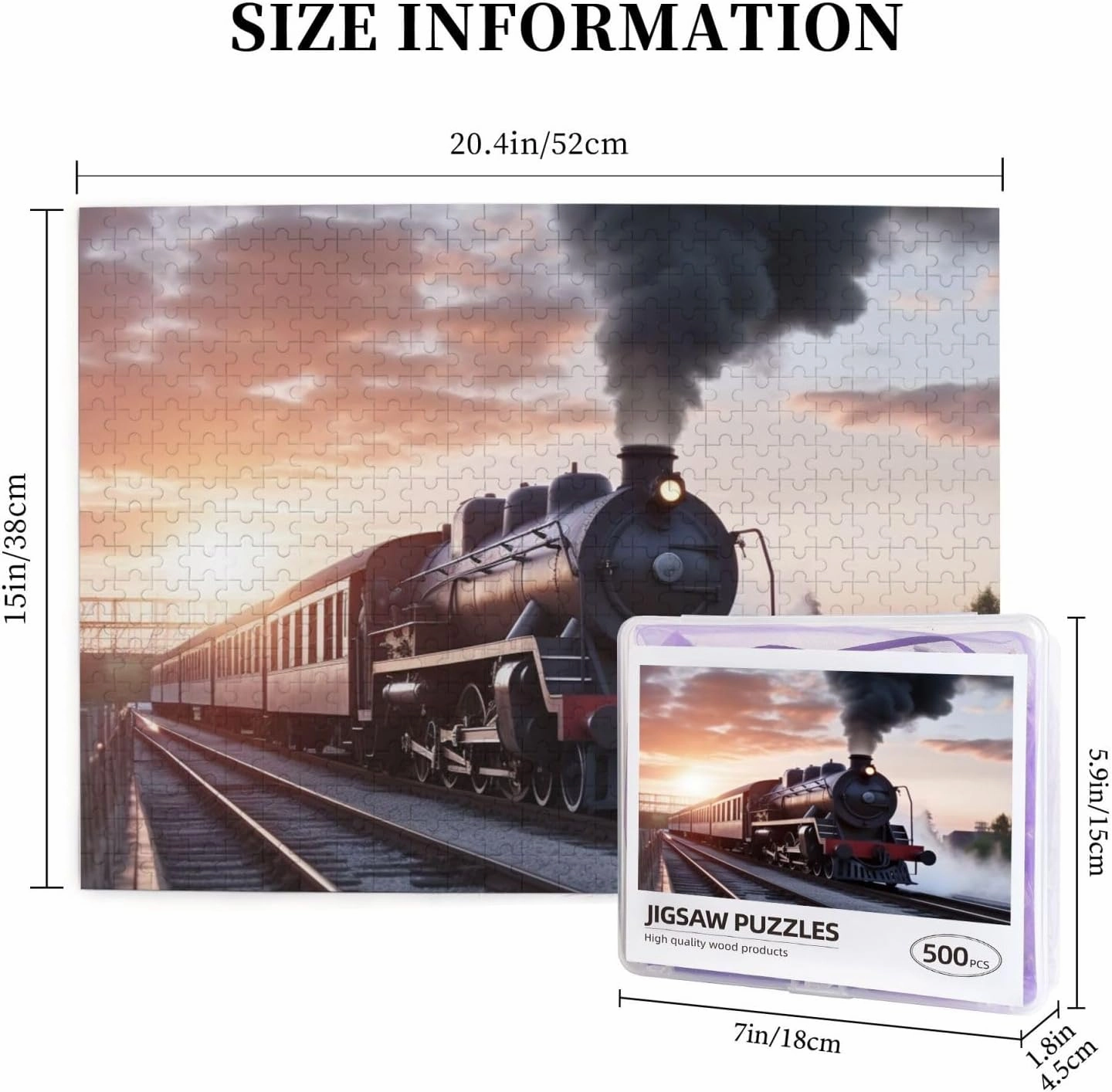 500 Piece Jigsaw Puzzle for Adults Challenging Puzzle for Game Nights Wooden Puzzle Personalized Custom Wood-Puzzles for Family Steam Train Depart Sunset Picture Puzzles Finished Size 20.4"x15"