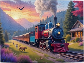 500 Piece Scenic Train Jigsaw Puzzle Mountain Sunset Cabin Dogs Relaxing & Challenging Adult Puzzle Home Decor Gift Idea 14.9X20.4In