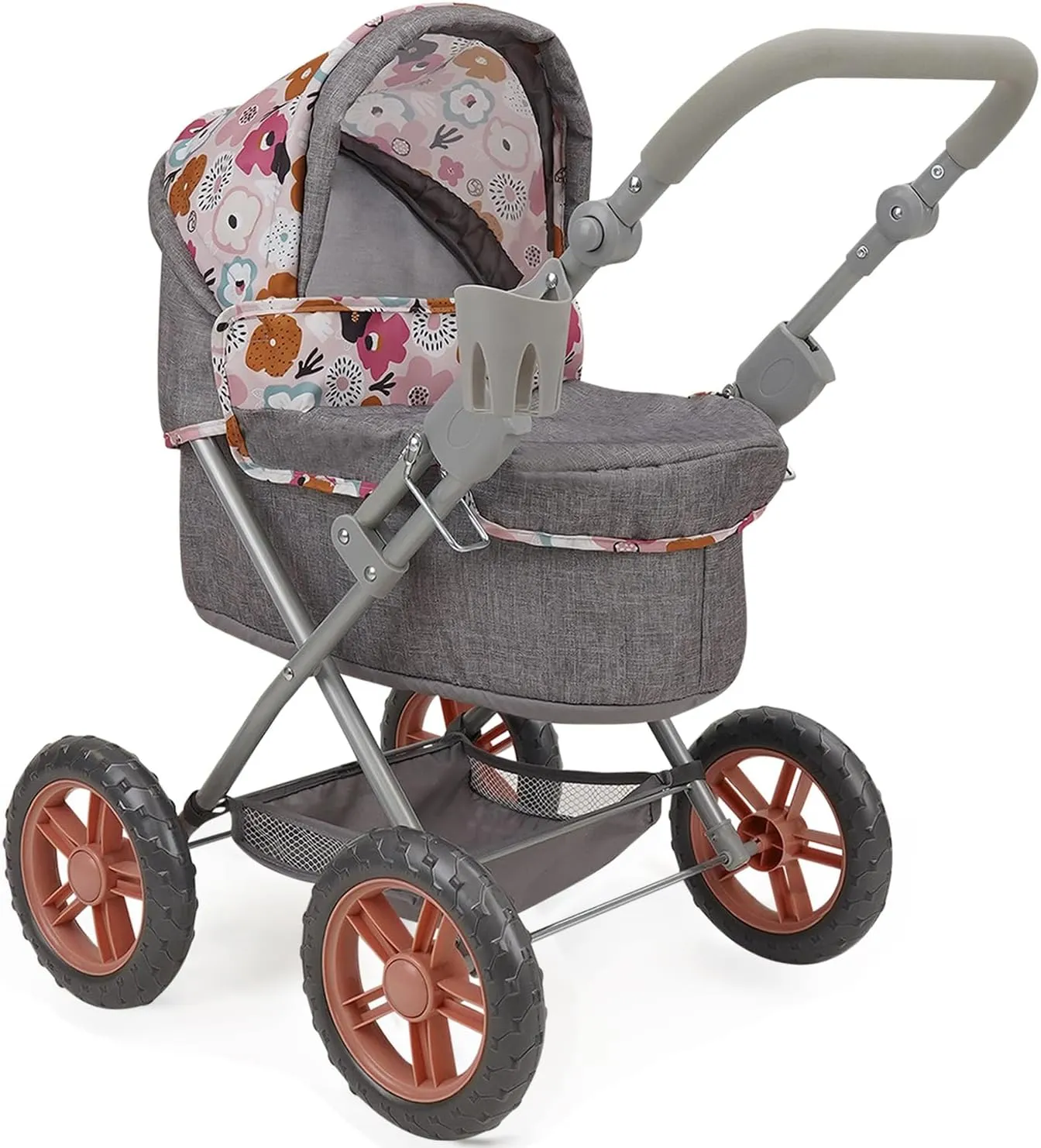 509 Crew: Melange Flora - Amanda Doll Pram - Matching Handbag, Doll Accessory, Adjustable Handle, Removable Bassinet, Foldable Design, Kid Toy, Age 3 