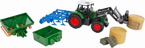 540479 Tractor with Accessories 8 Pieces (Green Bulldog hay, Two Straw Bales, Tipper, Front Loader, Plough and Sowing Basket, Agriculture, Farm) 540473