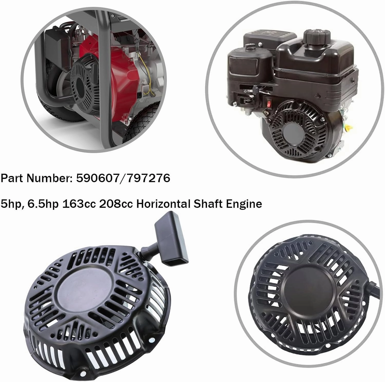 590607 Recoil Starter Compatible with Briggs and Stratton 590607 797276 Pull Start Assembly 163cc 208cc Recoil Starter CR950 CR750 Engine with Pull Rope
