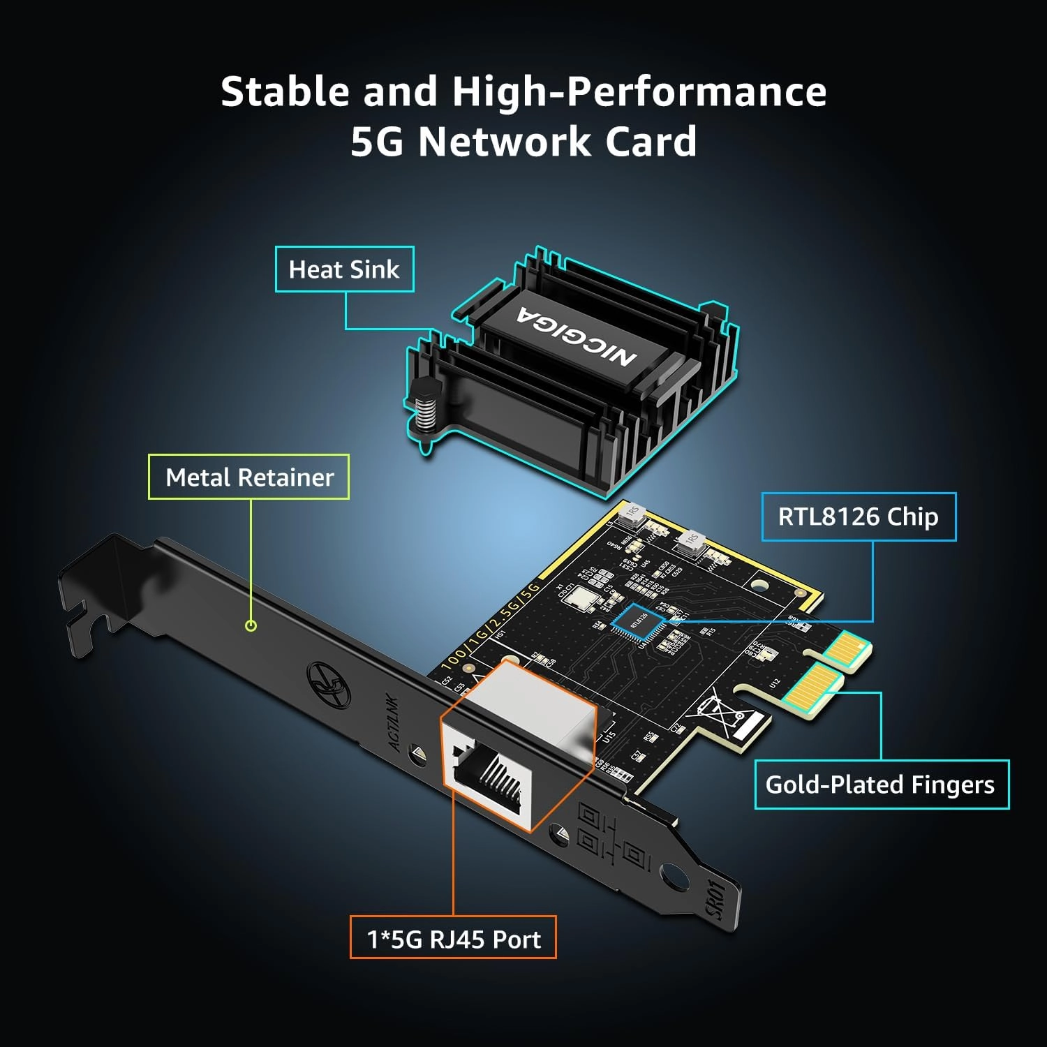 5Gb Base-T Network Card, Realtek RTL8126 Controller, NICGIGA 5G PCIe Ethernet Adapter Support WOL, 5Gbe RJ45 Port NIC Card, Windows10/11/Windows Server/Linux