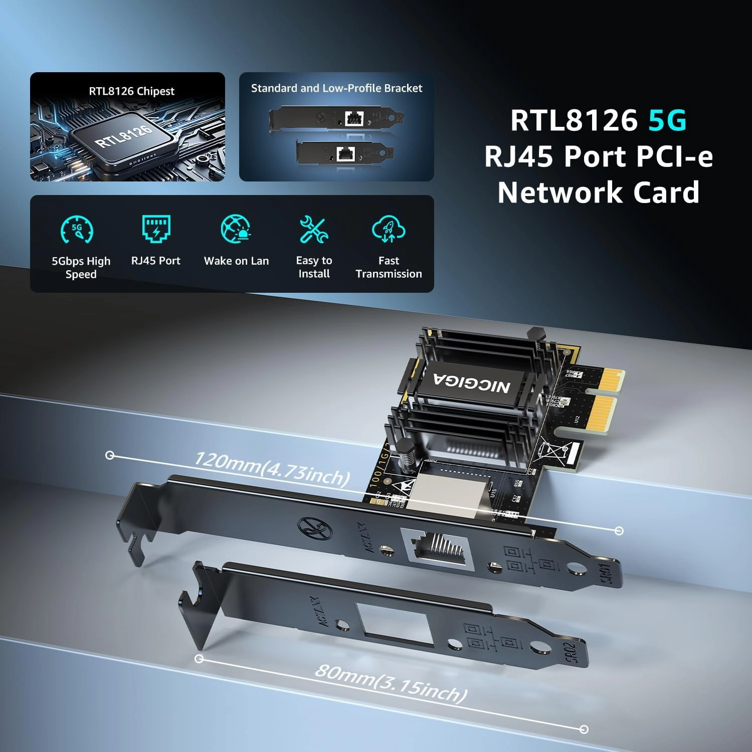 5Gb Base-T Network Card, Realtek RTL8126 Controller, NICGIGA 5G PCIe Ethernet Adapter Support WOL, 5Gbe RJ45 Port NIC Card, Windows10/11/Windows Server/Linux