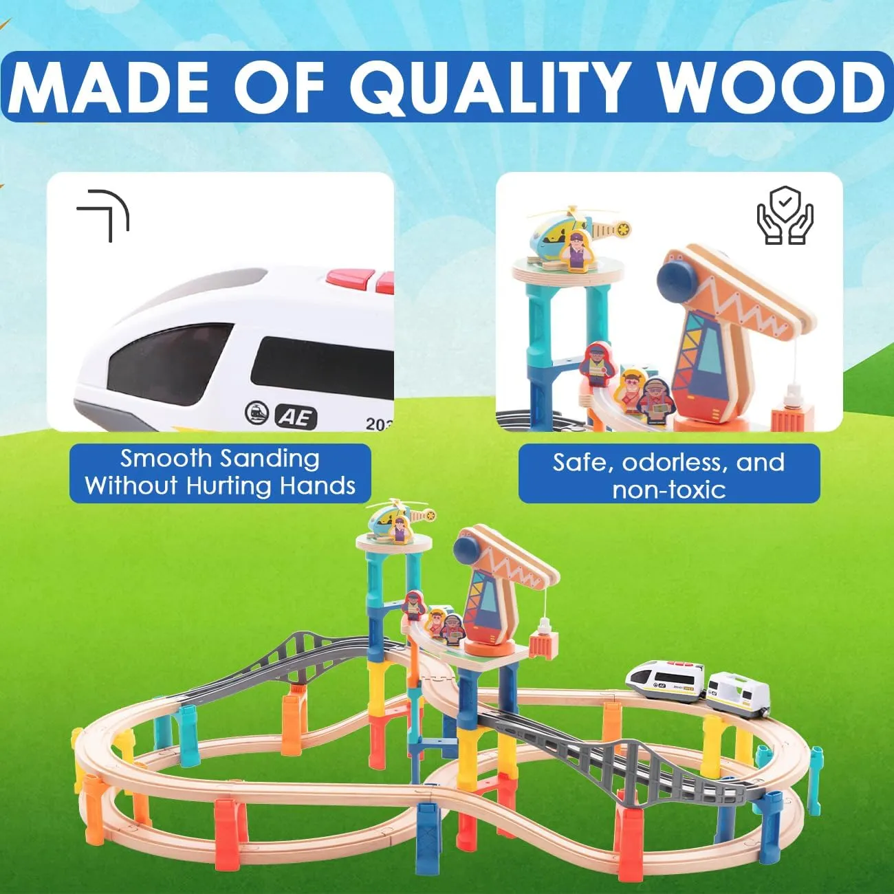 60Pcs Wooden Train Track Set, 203-inch Track Length, Train Bridge Toy Set for Toddlers, Scenario Building Blocks Toddler Toys with Airplane and Magnetic Crane, Birthday Gift Ideas for Boys and Girls